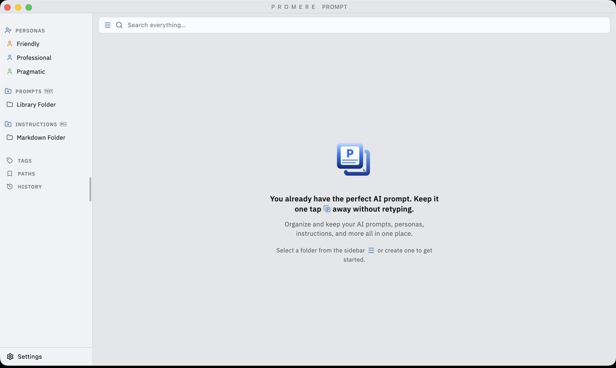 Promere Prompt on macOS in light appearance, with a sidebar listing Personas, Prompts, Instructions, Tags, Paths, and History next to a search field.