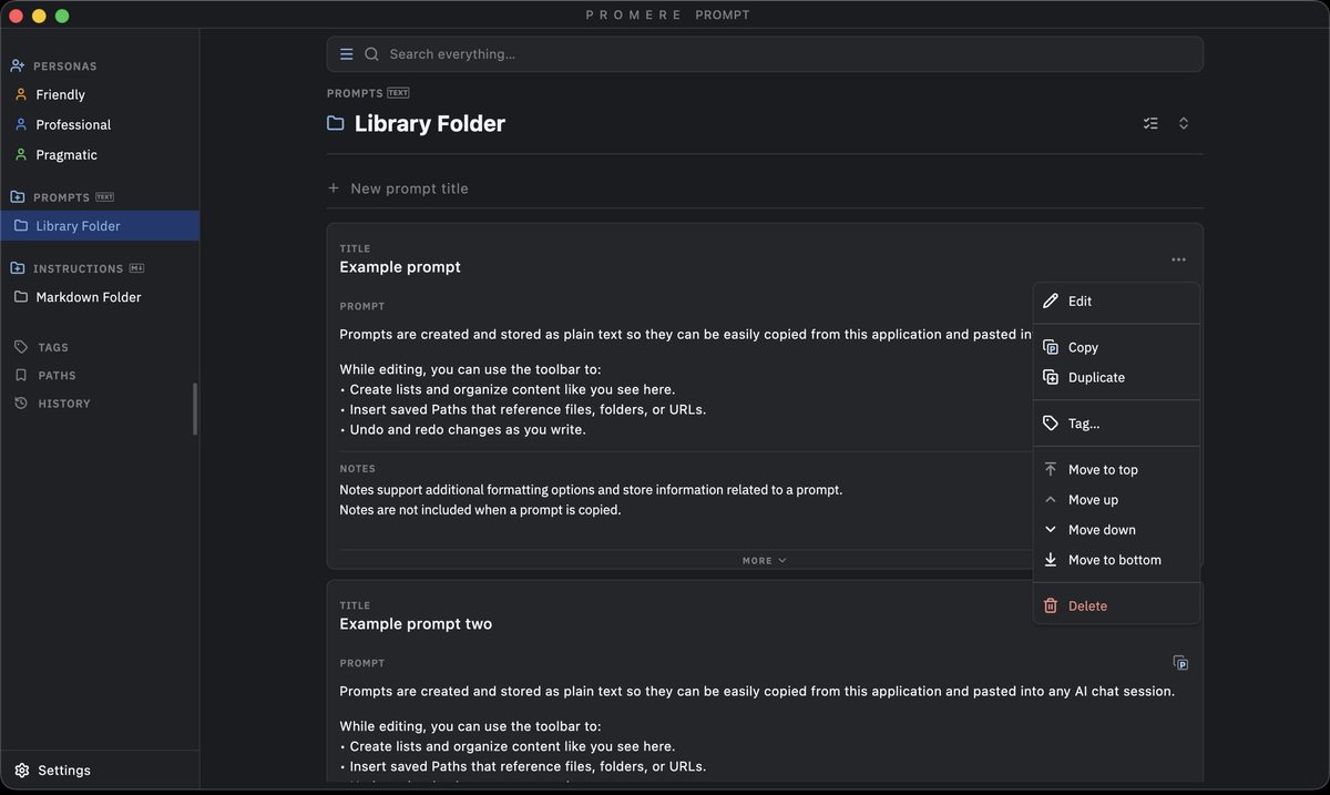 The same folder of saved prompts in dark appearance.