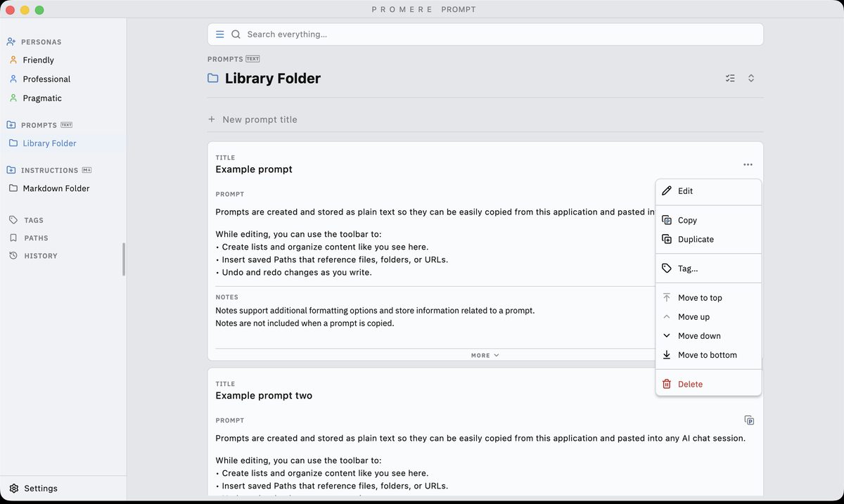 A folder of saved prompts in light appearance, with an item menu offering Edit, Copy, Duplicate, Tag, move, and Delete actions.