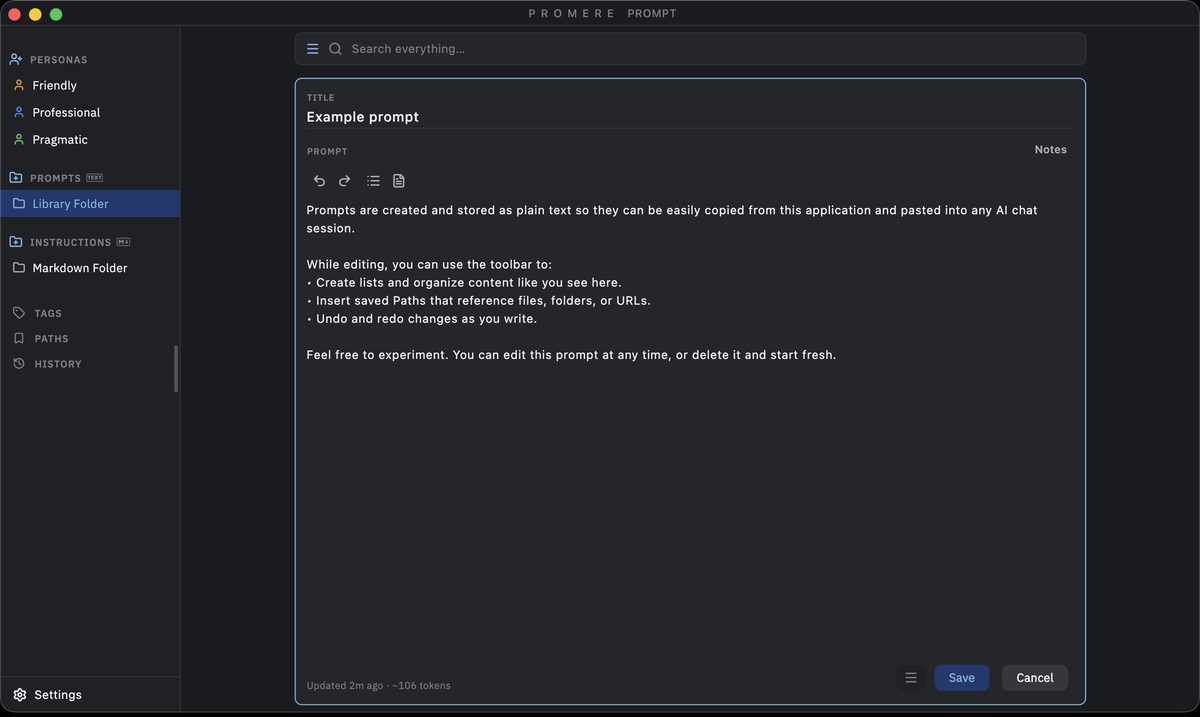 The same prompt editor in dark appearance.
