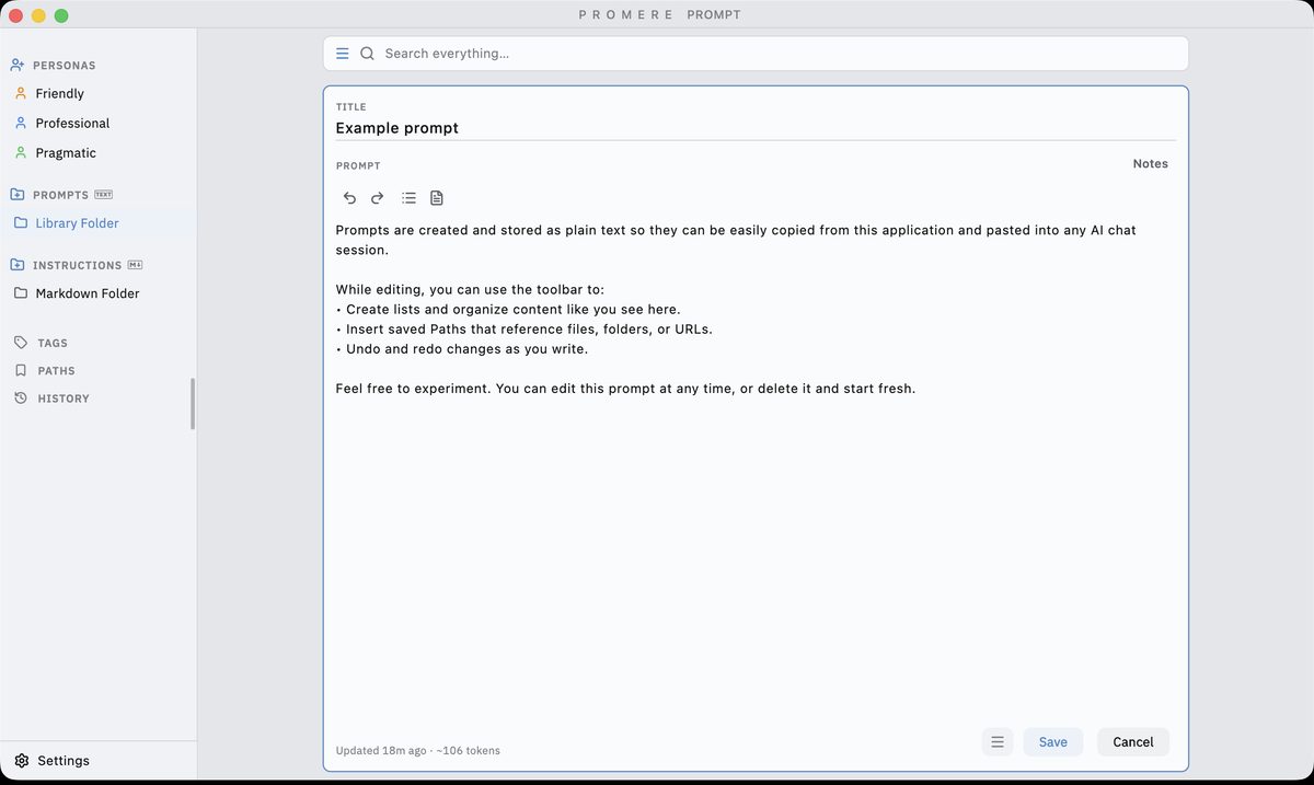 Editing a prompt in light appearance, with a formatting toolbar above the body field.