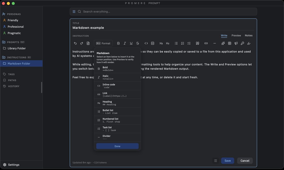 The same Markdown editor in dark appearance.
