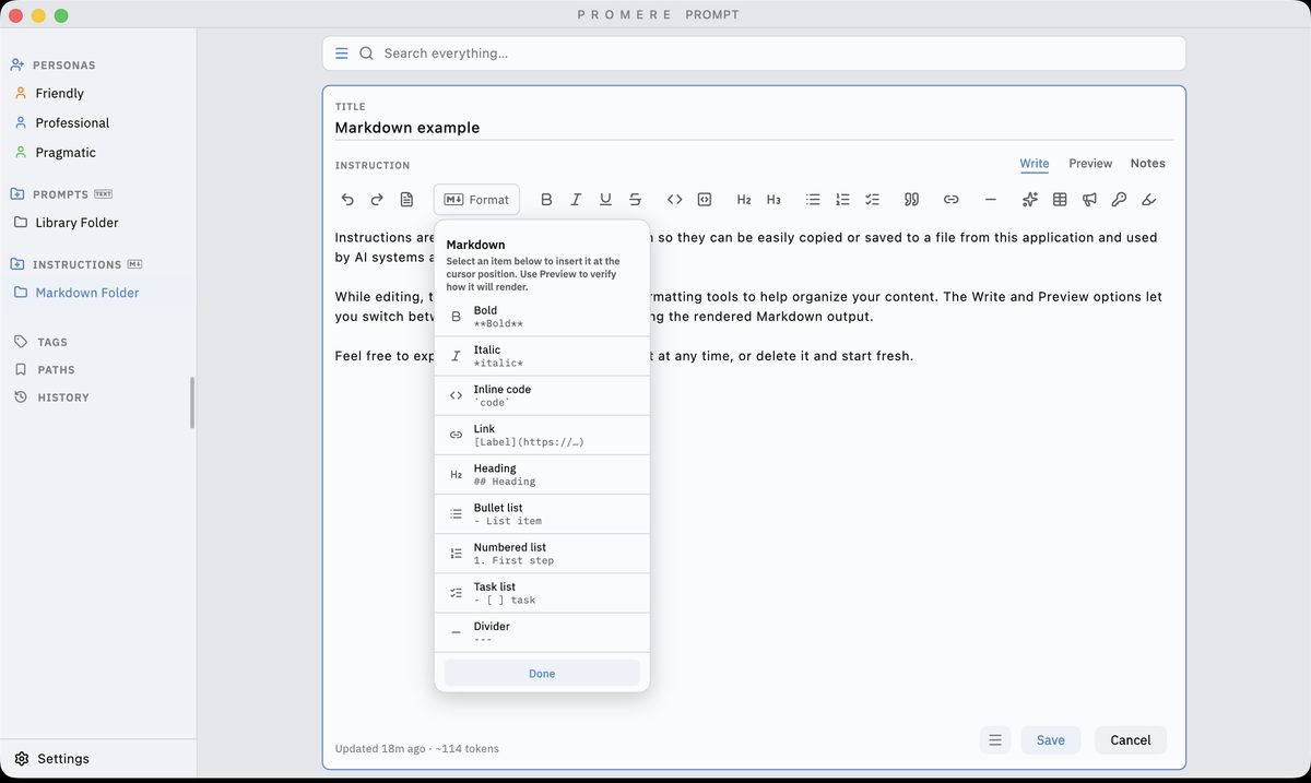 The Markdown editor in light appearance, with the formatting toolbar visible.