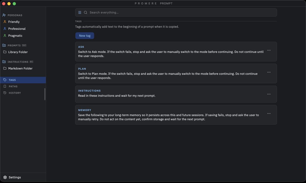 The same tag manager in dark appearance.