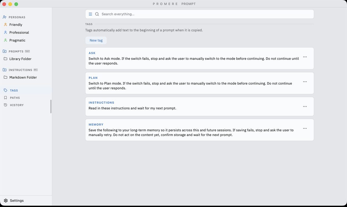 The tag manager in light appearance, showing tags with the text each one adds to the front of a copied prompt.