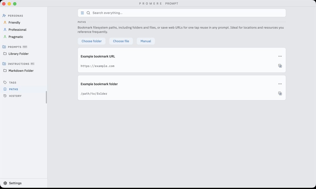 The Paths library in light appearance, listing bookmarked folders, files, and web URLs ready to insert into a prompt.