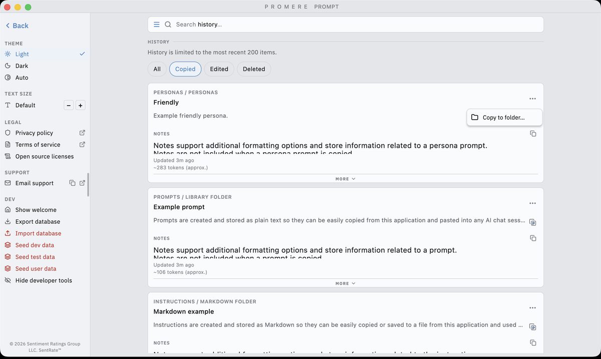 The History pane in light appearance, listing recent edits, copies, and deletions with filters for each kind.